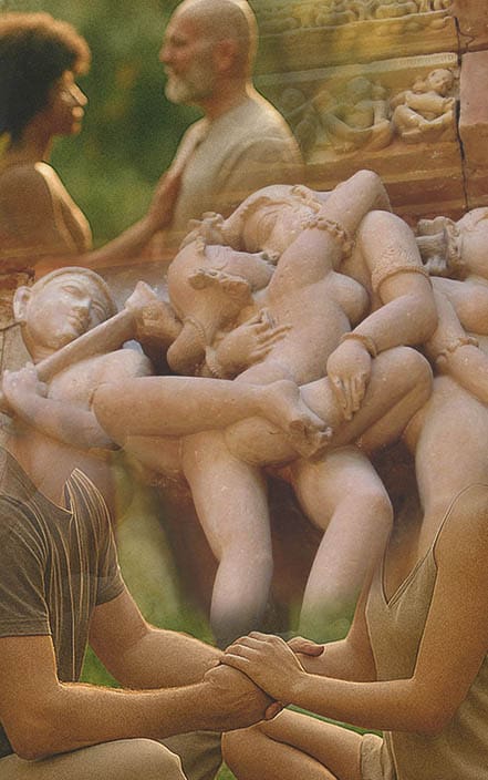 Artistic collage blending an ancient Kama Sutra sculpture from Khajuraho temples with modern couples practicing Tantra, symbolizing the contrast and connection between the two traditions.