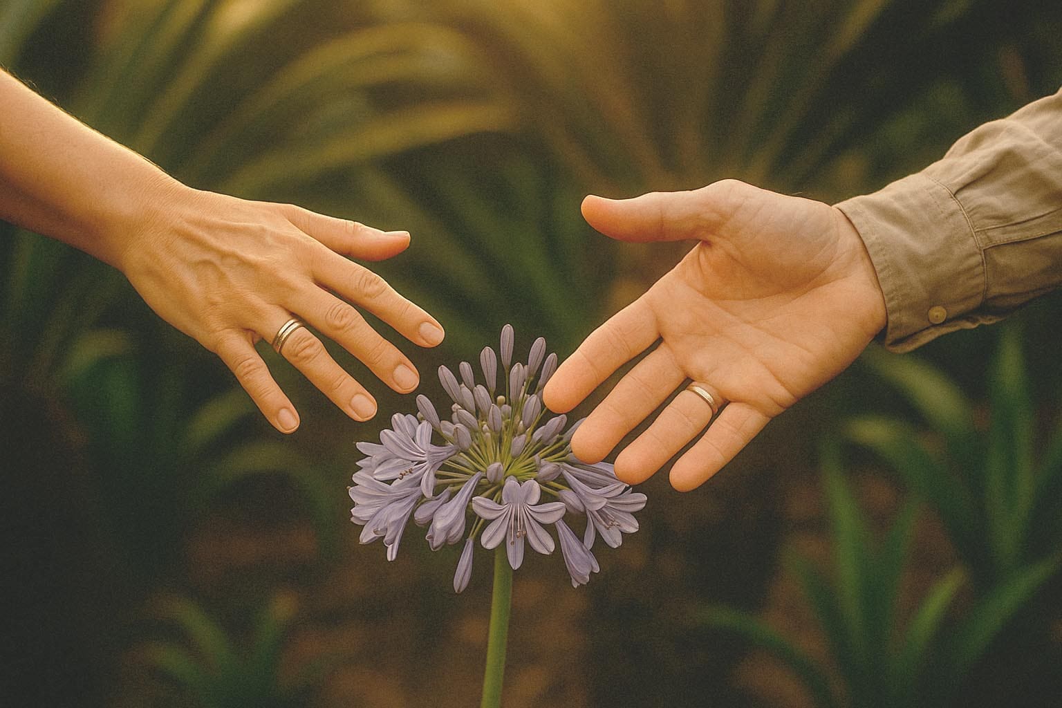 Two hands reaching toward a purple flower, symbolizing connection and intimacy between a couple.