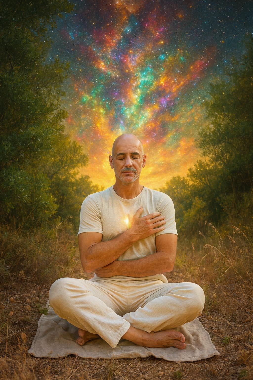 Man sitting in meditation outdoors with hand on his heart, eyes closed, surrounded by a glowing cosmic light rising behind him, symbolizing inner energy and self-connection.
