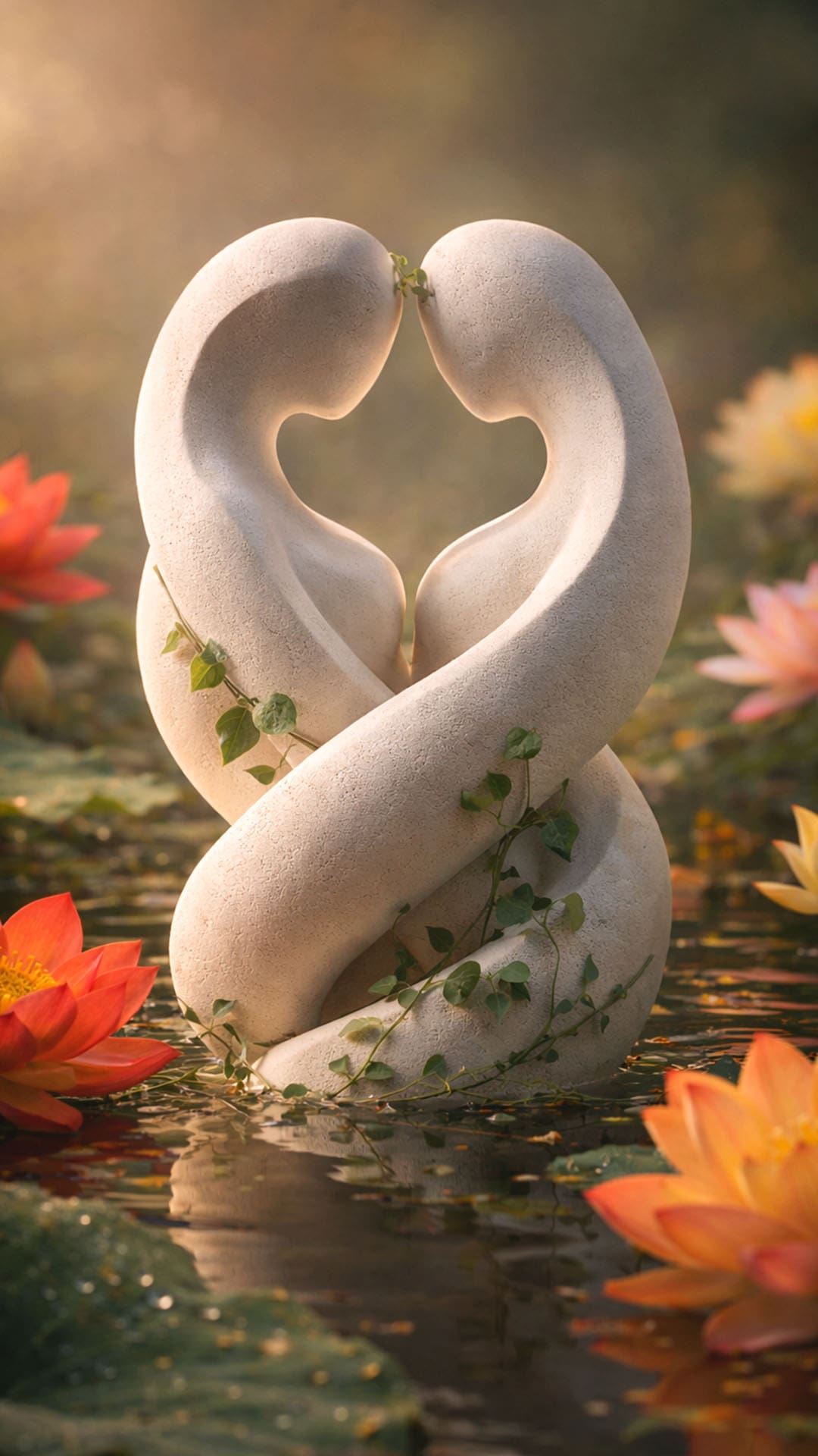 Stone sculpture of two intertwined forms creating a heart shape, surrounded by lotus flowers in water, representing tantra and spiritual healing